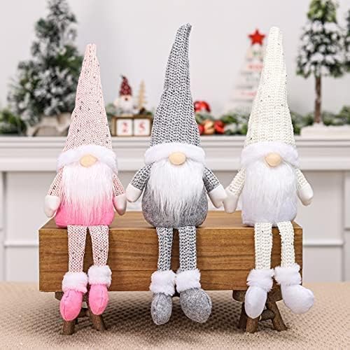 KAHEIGN 3Pcs Christmas Plush Figurines, 3 Colors Handmade Swedish Tomte Gnome Plush Scandinavian Santa Elf Long Legs Figurine for Christmas Table Fireplace Home Decor (46cm x 16cm)