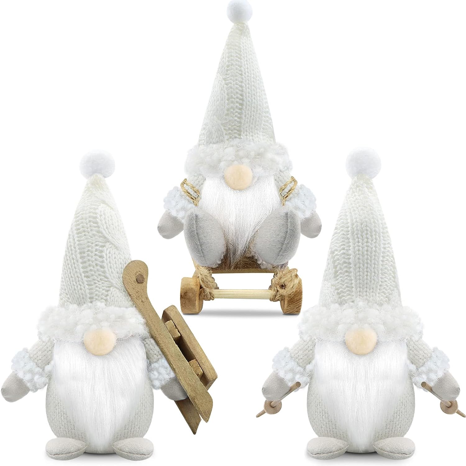 Gehydy Set of 3 Christmas Gonks Decorations Gift Gnome with Sled Santa Handmade Scandinavian Tomte Xmas Decor for Home Kitchen Farmhouse Tiered Tray - White