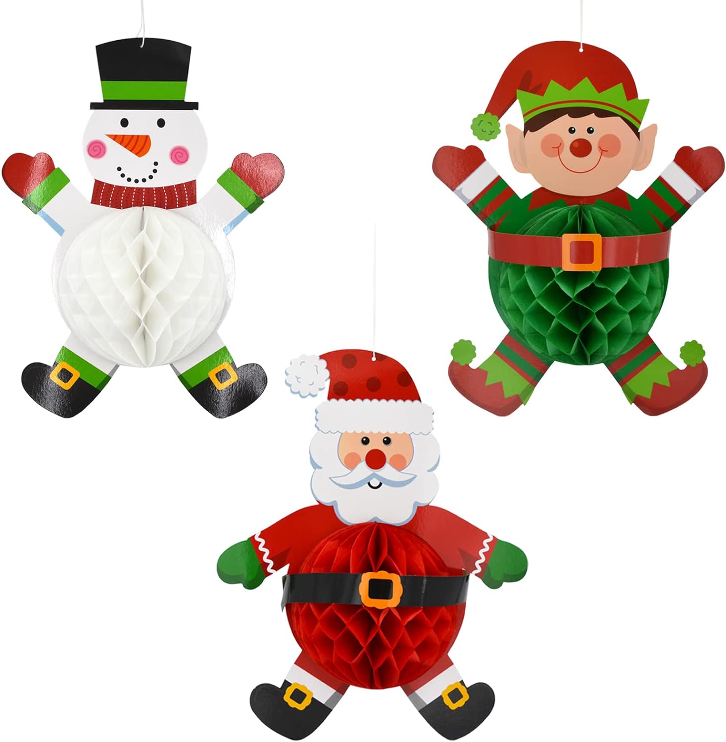 Fassory Large Honeycomb Paper Christmas Decorations, Santa Elf Snowman Christmas Ornaments Hanging Decorations Reusable (Large)