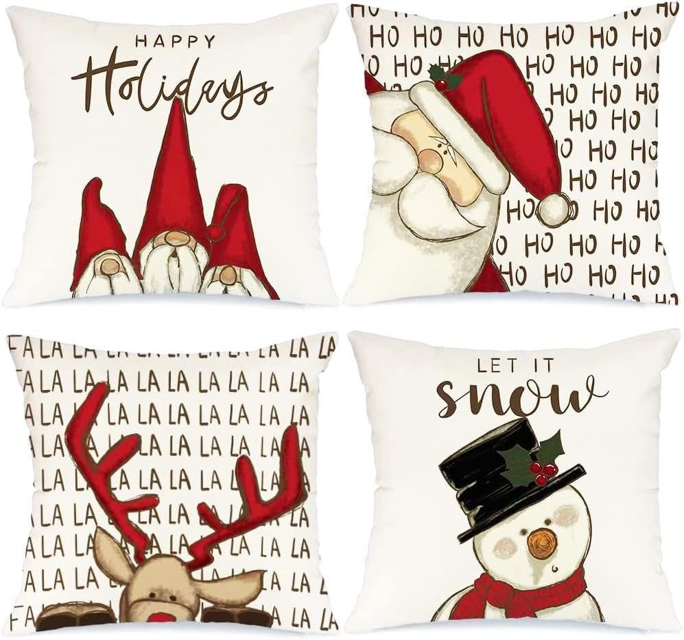 Christmas Design Cushion Cover 18 X 18 Throws Set of 4 Square Xmas Pillow Case Pack Uk Sale White For Sofa Bed Room Decoration Accessories Polyester 45 cm X 45 cm Decor indoor Gifts Sale