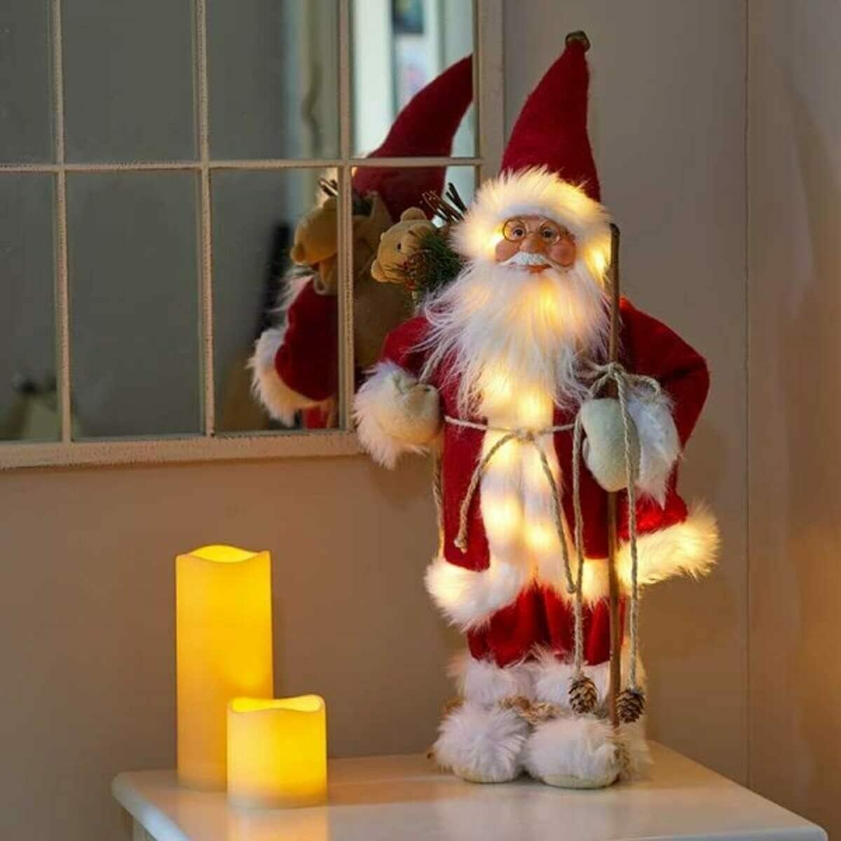 Marco Paul Christmas Red 30cm Deluxe In-Lit Standing Santa Claus Figure LED Festive Santa Ornament Xmas Decoration Father Christmas Plush Statue Figurine Light Up Decorative Santa Indoor Use