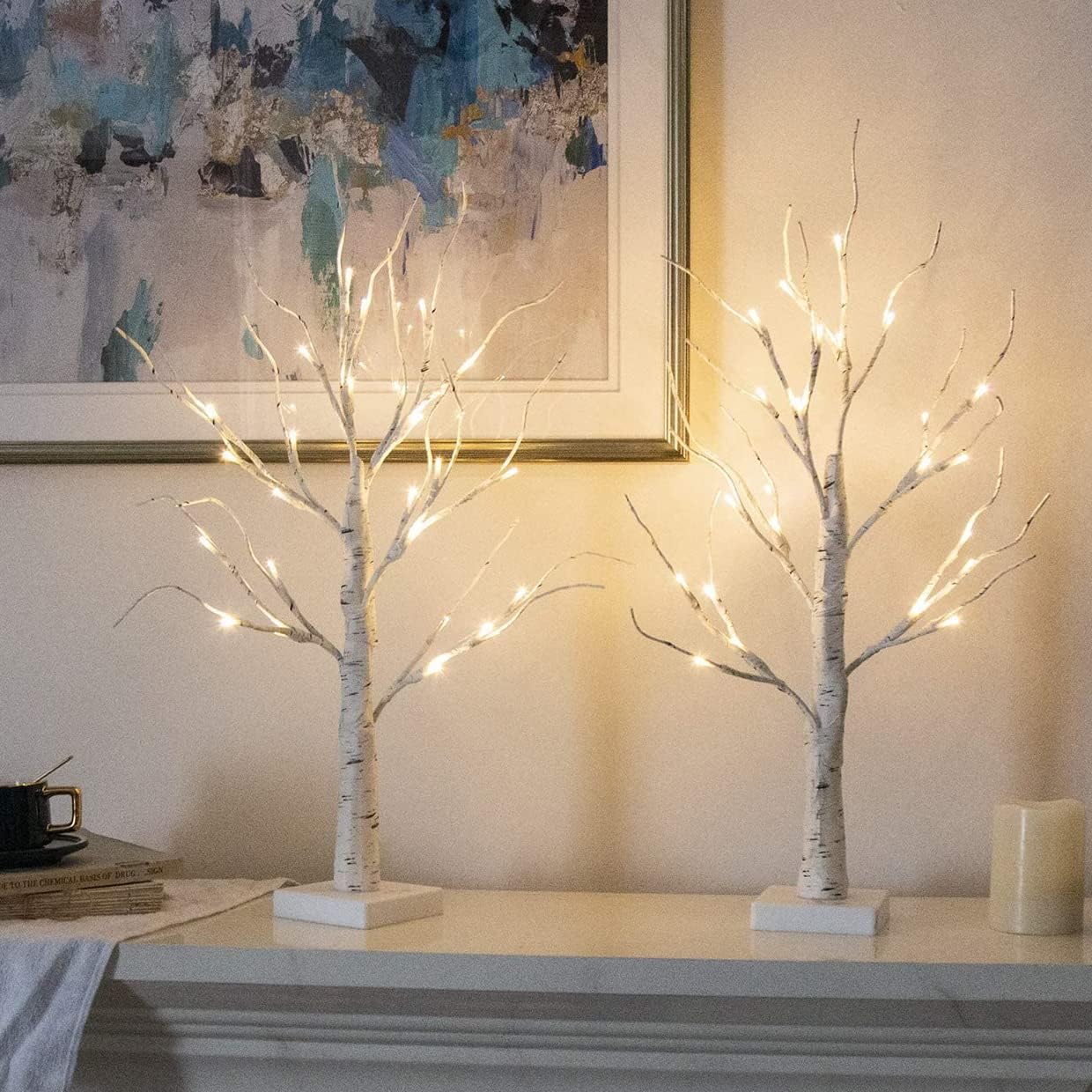 Set of 2-Vanthylit White Christmas Tree with Lights 2FT Tabletop Birch Tree with 24 Warm White LEDs Battery Operated Light up Twig Tree for Home Party Wedding Easter Christmas Decoration