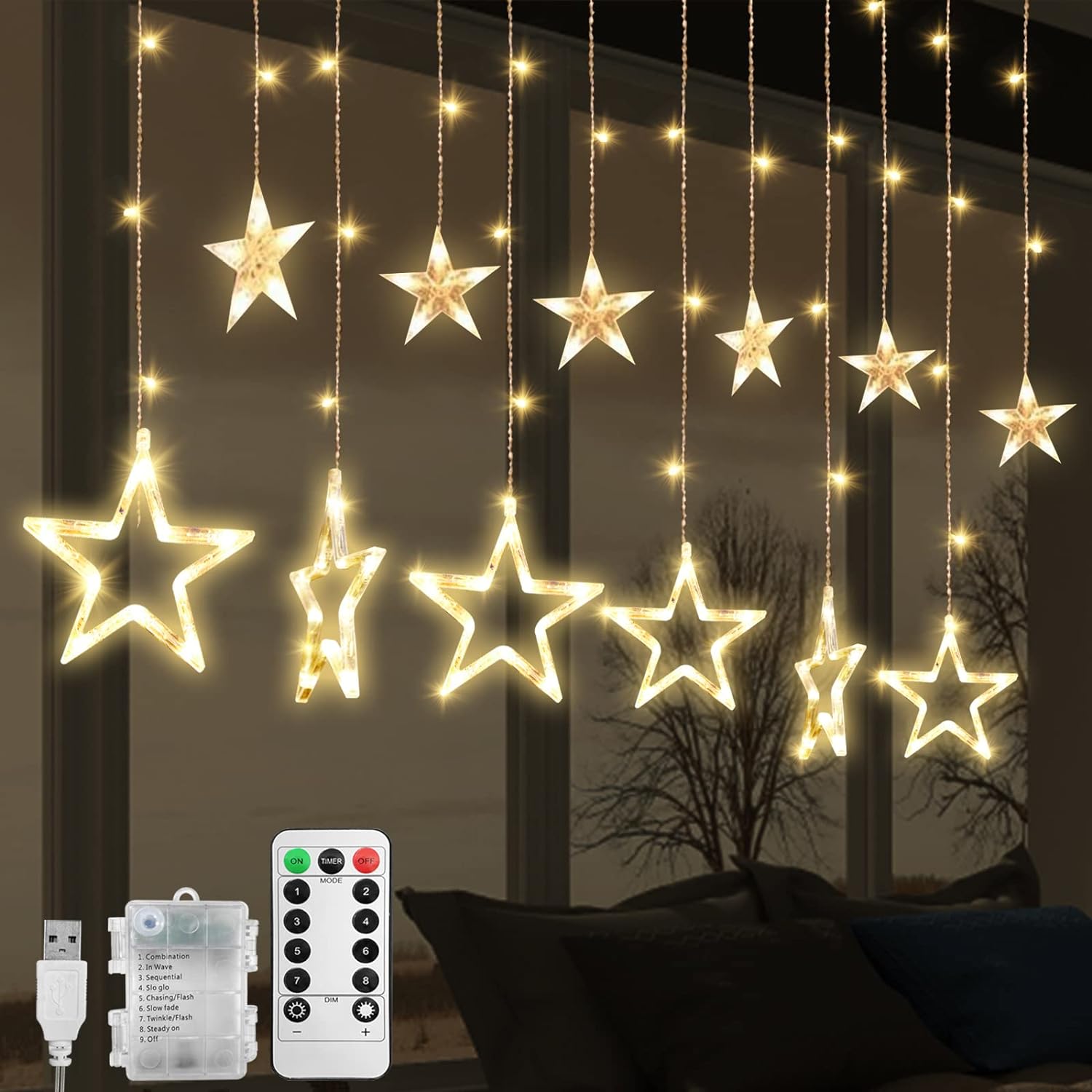 Jsdoin LED Stars Curtain Lights,12 Stars 138 Window Curtain String Lights with 8 Flashing Modes Decoration for Christmas, Wedding, Party,Wall, Home Decorations,USB/Battery Powered (Warm White)