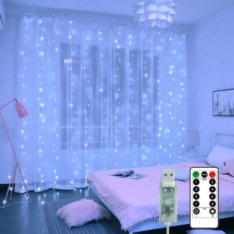 3mx3m 300 LED Curtain Fairy Lights with Remote, Timer, Adjustable Brightness – White.