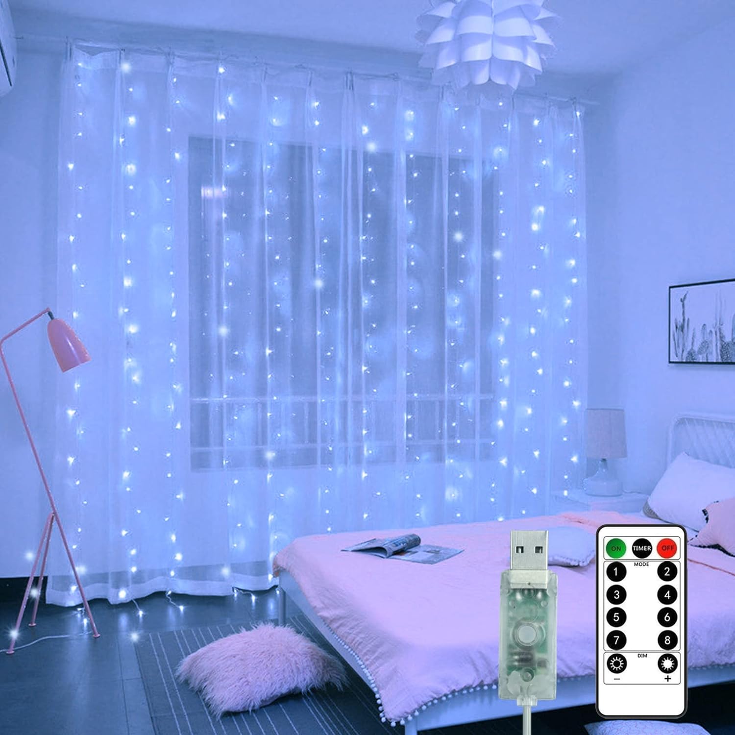 MDEDL Curtain Fairy Lights, 3mx3m 300 LED Christmas Window Lights for Bedroom with Remote, Timer, Adjustable Brightness, String Lights for Christmas, Garden, Party, Wedding Decorations (White)