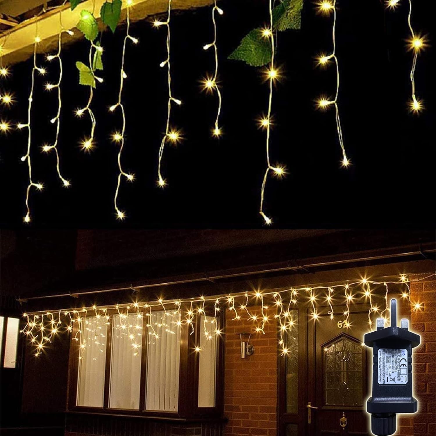 gresonic Icicle Lights 320LED 36.1ft Warm White Outdoor Plug in Hanging Fairy String Lights, 8 Modes Timer for Bedroom Patio Wedding IP44 Waterproof Party Christmas Decoration (320LED, Warm White)