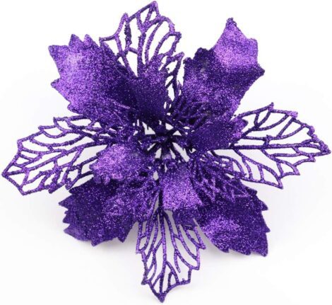 Sofecto 12 Pack Glitter Poinsettia Flowers – Artificial Christmas Tree Decorations, 16cm Diameter (purple)