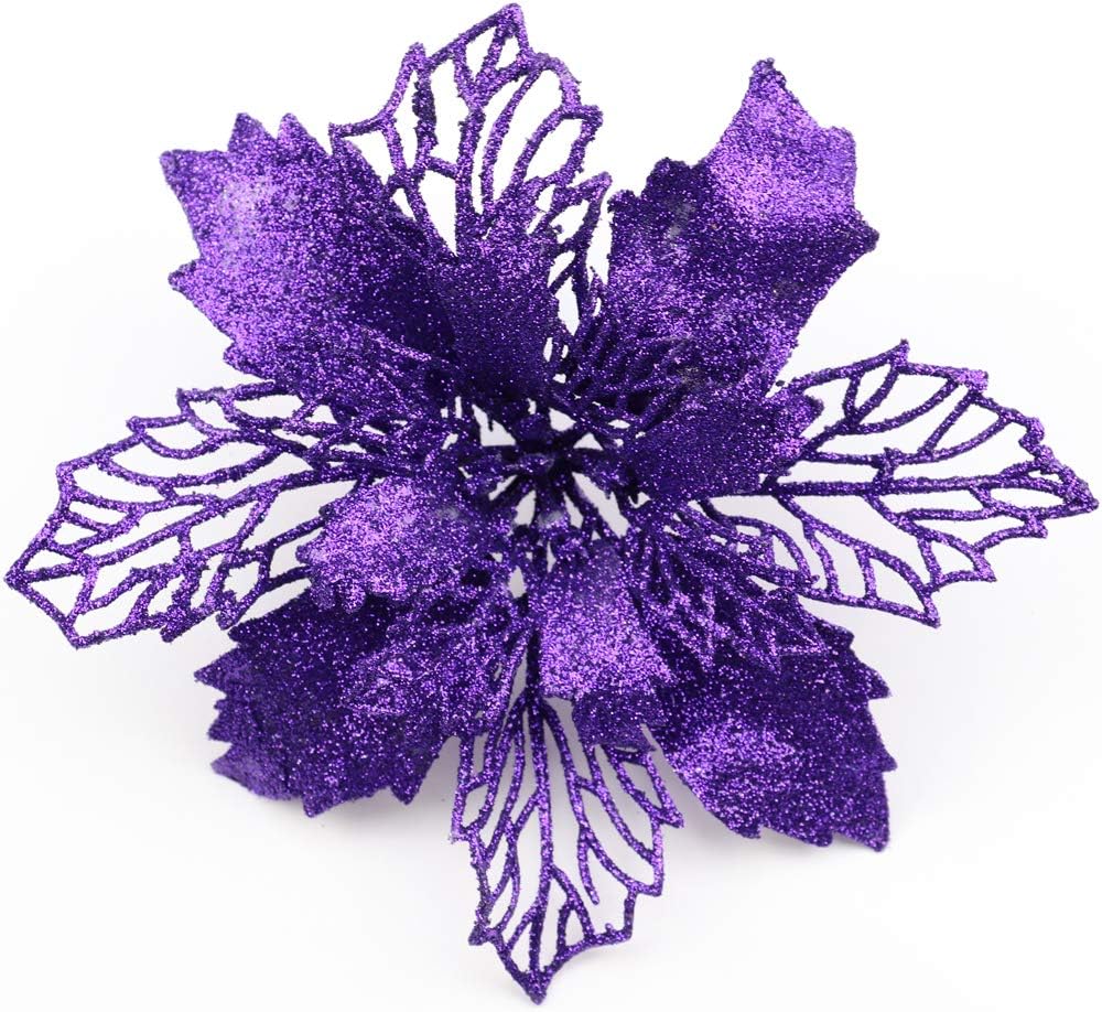 Sofecto 12 Pack Christmas Glitter Poinsettia Flowers Artificial Flower Christmas Tree Decorations and Ornaments, 16cm Diameter (purple)