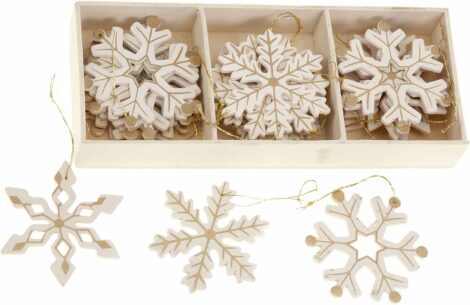 12 Cream and Gold Wooden Snowflakes for Christmas Tree Décor