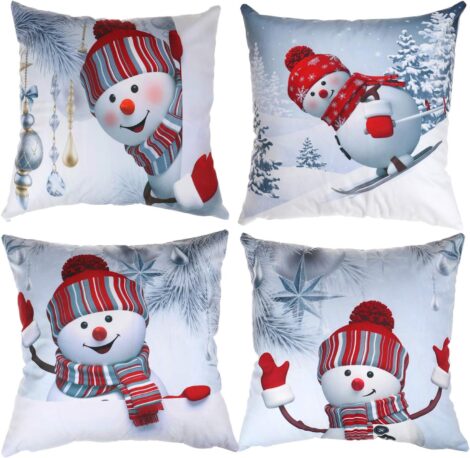 Holiday-themed pillow covers for home or office decoration, featuring Christmas trees and snowmen, in white color, 18×18 inch in size.