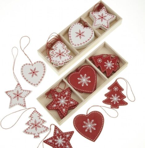 24 Festive Wooden Christmas Tree Decorations in Red and White – Heart, Tree, and Star Shaped