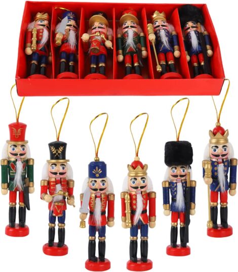 6-Pc Mini Nutcracker Ornaments – Wooden King Figurines for Festive Christmas Tree Décor & Party Ambiance