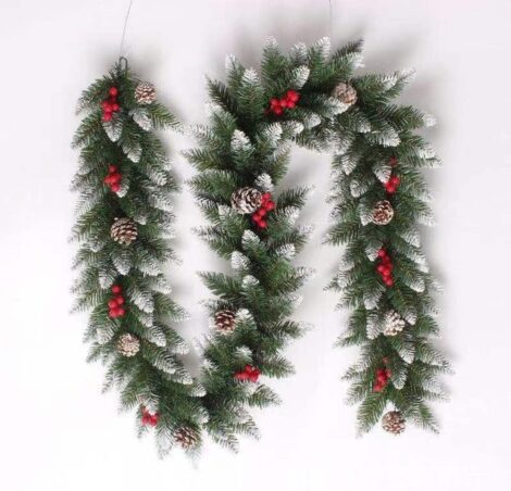 9 ft Christmas garland with pine cones and red berries for indoor and outdoor decor.