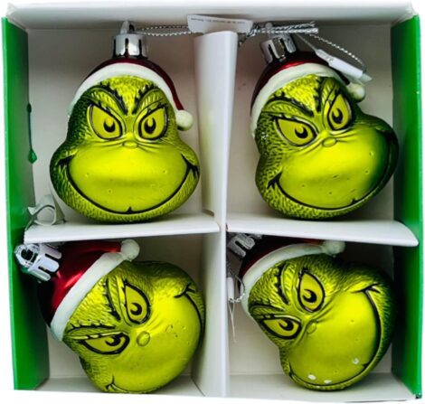 4 Grinch Face Baubles – Dr Seuss hanging Christmas tree decoration for festive home decor.