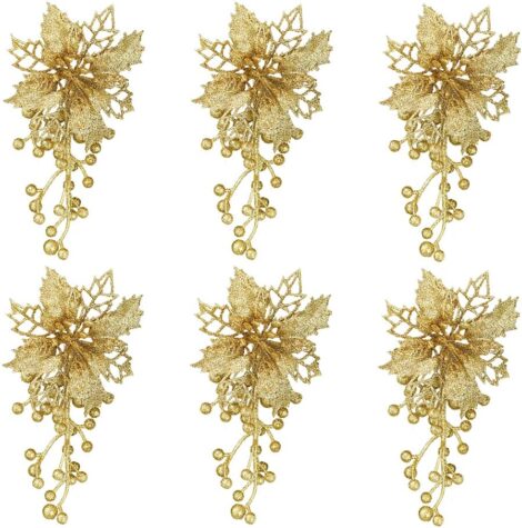 6pcs Gold Poinsettia Christmas Tree Flower Decorations with Clips, Skystuff Artificial Flowers