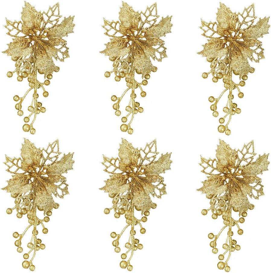 Skystuff Poinsettia Artificial Flowers, 6Pcs Christmas Tree Flower Decorations Gold Poinsettia Christmas Decorations with Clips for Christmas Tree Wreath Garland (Gold)