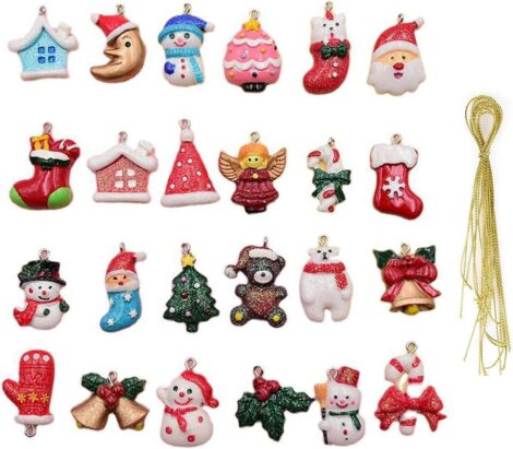 24 Mini Resin Christmas Tree Ornaments – Santa, Snowman, Candy Cane, Dollhouse, Elk, Stocking Figurines