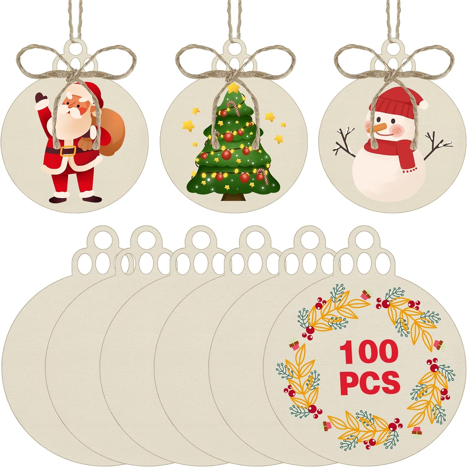 Changshengda 100 Pcs Wooden Christmas Decorations - DIY Natural Wood Slices with 100 Pieces Strings for New Year Christmas Tree Holiday Ornaments