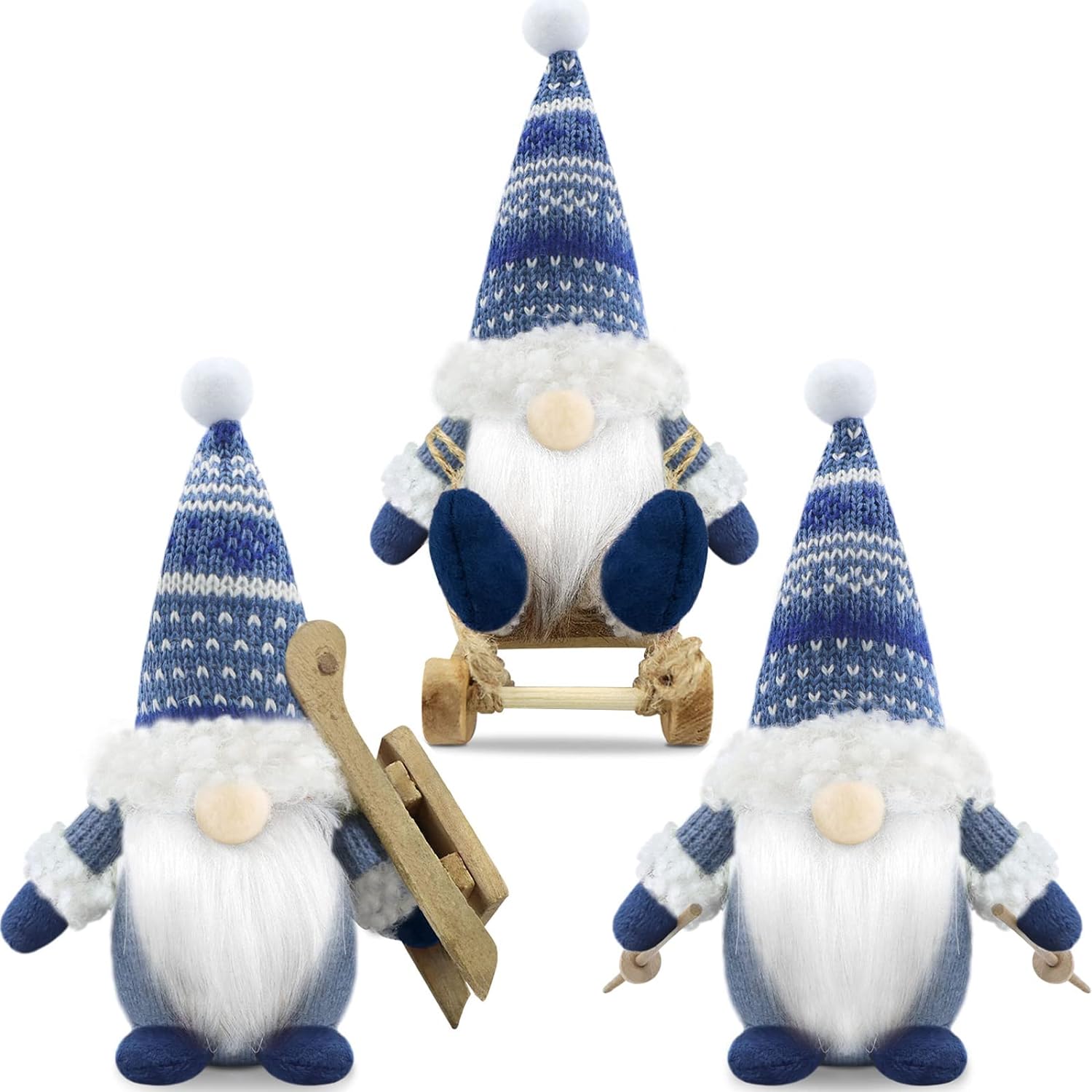 Gehydy Set of 3 Christmas Gonks Decorations Gift Gnome with Sled Santa Handmade Scandinavian Tomte Xmas Decor for Home Kitchen Farmhouse Tiered Tray - Blue