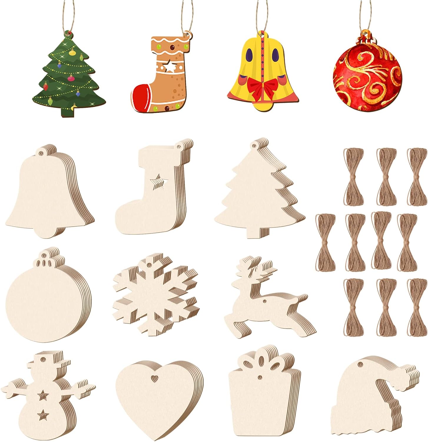 DUDSOEHO 100PCS Wooden Christmas Decorations - 10 Shapes Christmas Crafts Unfinished Wooden Ornaments Wooden Baubles for DIY Crafts Christmas Tree Hanging Decoration