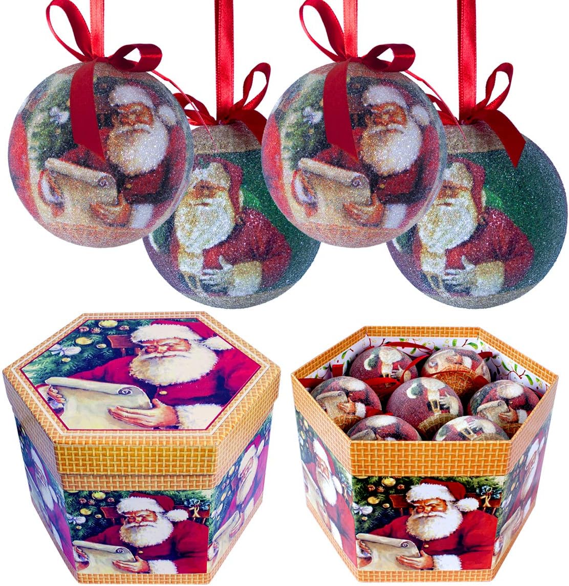 The Christmas Workshop Set of 14 Christmas Baubles/Various Festive Designs/Gift Boxed Christmas Tree Decorations / 7.5cm Diameter Baubles (Red & Green Classic Santa)