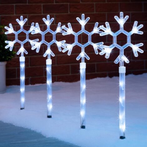 Set of 4 Christow Snowflake Path Lights: Flashing White LED Outdoor Christmas Decor, Battery-operated with Timer.