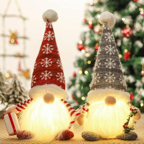 2pcs Red and Grey Light Up Gnome Christmas Decorations: Handmade Swedish Santa Tomte Gnomes for Holiday Décor.