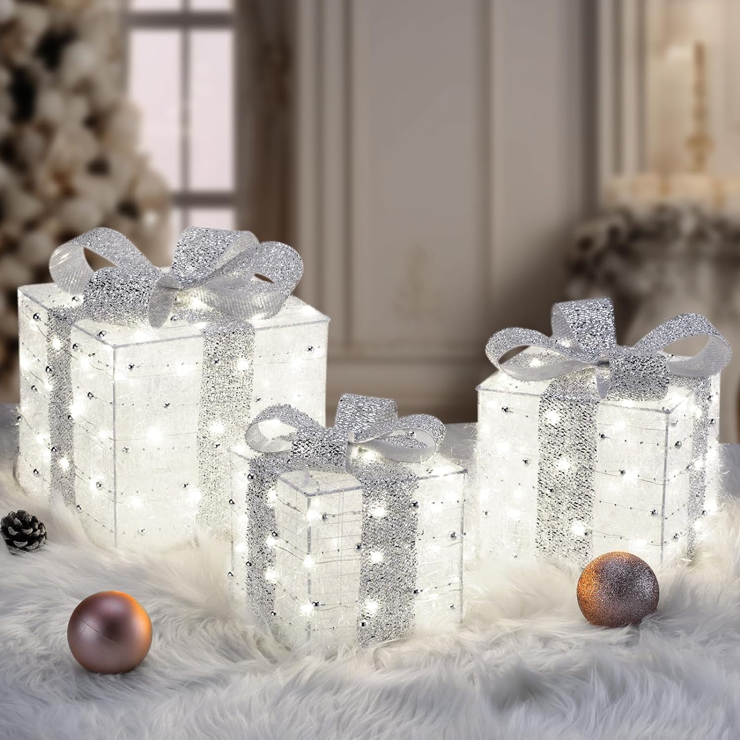 [Timer] Light up Present Boxes Christmas, ELKTRY 8 Modes 3 Christmas Parcel Lights with Plug, Bows, Pine, Silver Beads, Gift Boxes Christmas Decorations for Christmas Tree Indoor/Outdoor