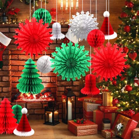 Retro Christmas Decorations Set: Snowflake Fans, Paper Hats, Trees, Honeycomb Balls, and Bells for Party Décor