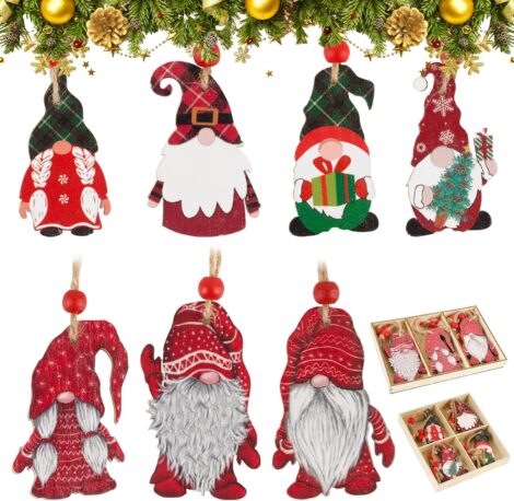 21 Wooden Christmas Tree Gnome Ornaments with Gift Tags and Storage Boxes.