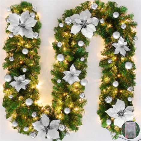 LED Christmas Garland, 2.7M (9ft) Artif. Rattan Xmas Wreath for Front Door, Fireplaces&Stairs Decor (Silver)