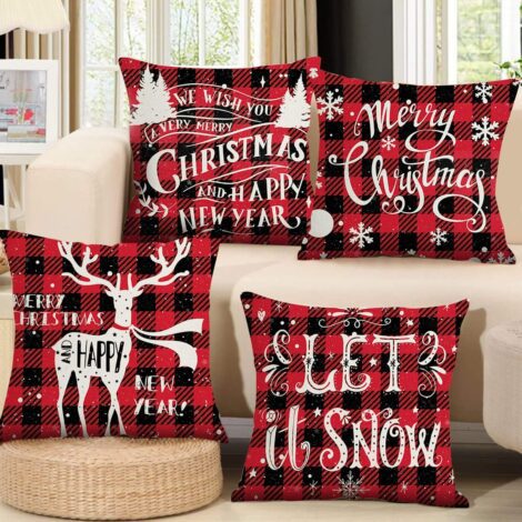 Set of 4 Christmas-themed cushion covers – Red and black tartan design, 18×18 inches, linen material, perfect for festive home decor.