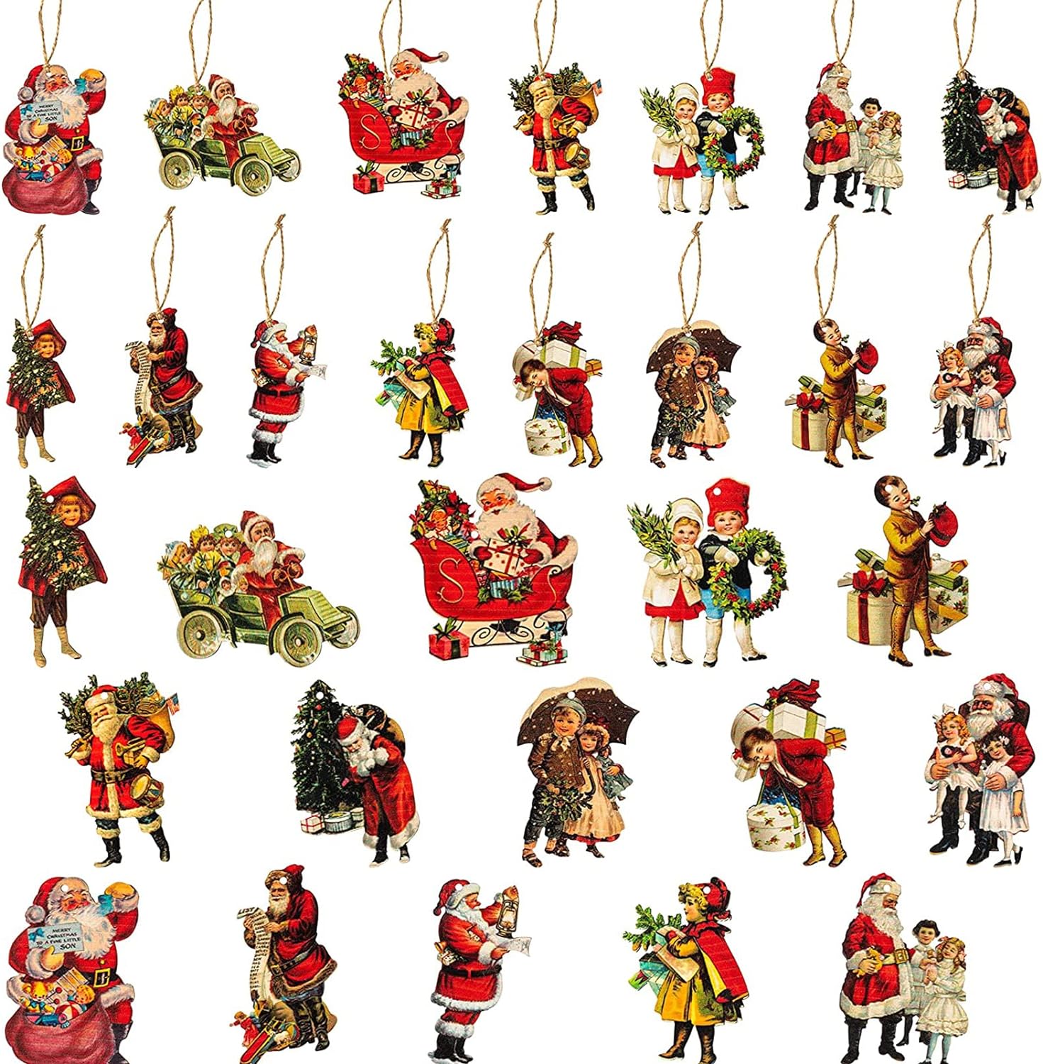 46 Pcs Christmas Victorian Style Wood Ornaments Decorations, Vintage Santa Claus Kids Wood Hanging Signs Pendant for Home Door Windows Xmas Party Decoration