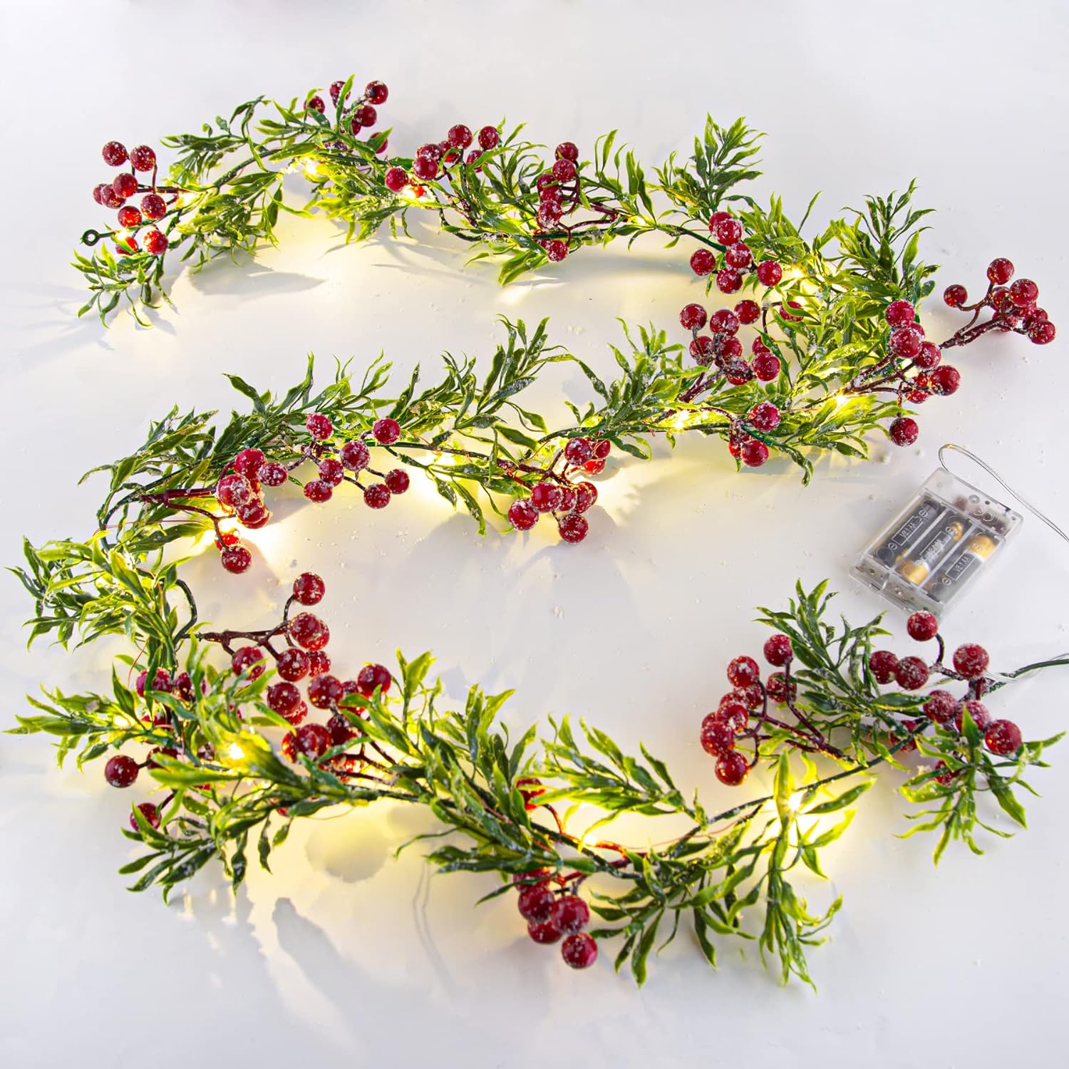 5.9FT Artificial Christmas Garland String Lights with 162 Snowy Red Berries 55 Green Leaves 20 LED Lights Battery Operated for Xmas Mantle Indoor Outdoor Holiday Christmas Thanksgiving Decoration