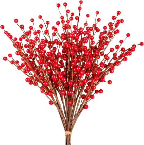 Whaline Christmas Twig Stems: 12-Pack Red Berry Picks for Tree Decor, Crafts, and Home Décor