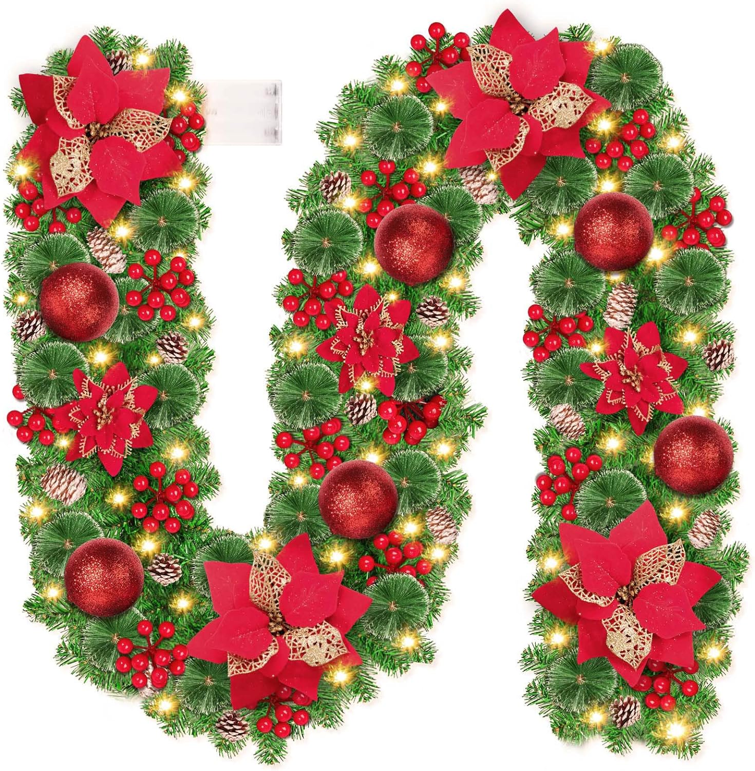 Christmas Garland Decorations, CHOIGN 2.7m/9ft Christmas Wreath with 30 LEDs String Lights Battery Powered, Christmas Decorations Artificial Indoor for Stairs, Fireplace, Door, Xmas Trees, Garden,Gift