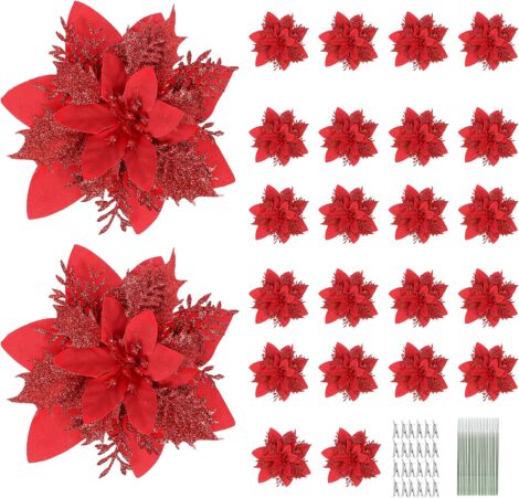 24Pcs Glitter Christmas Poinsettia Flowers: Artificial Ornaments for Tree/Wreath, with Stems and Clips.