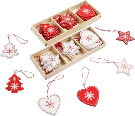 Belle Vous Christmas Tree Decorations – 24 Pcs, 6 Designs, White and Red Heart, Tree, Star Shapes