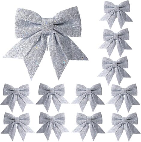 YUNSTK Glitter Christmas Bows – Sparkling Silver Decoration for Xmas Tree, Wreaths, and Gifts