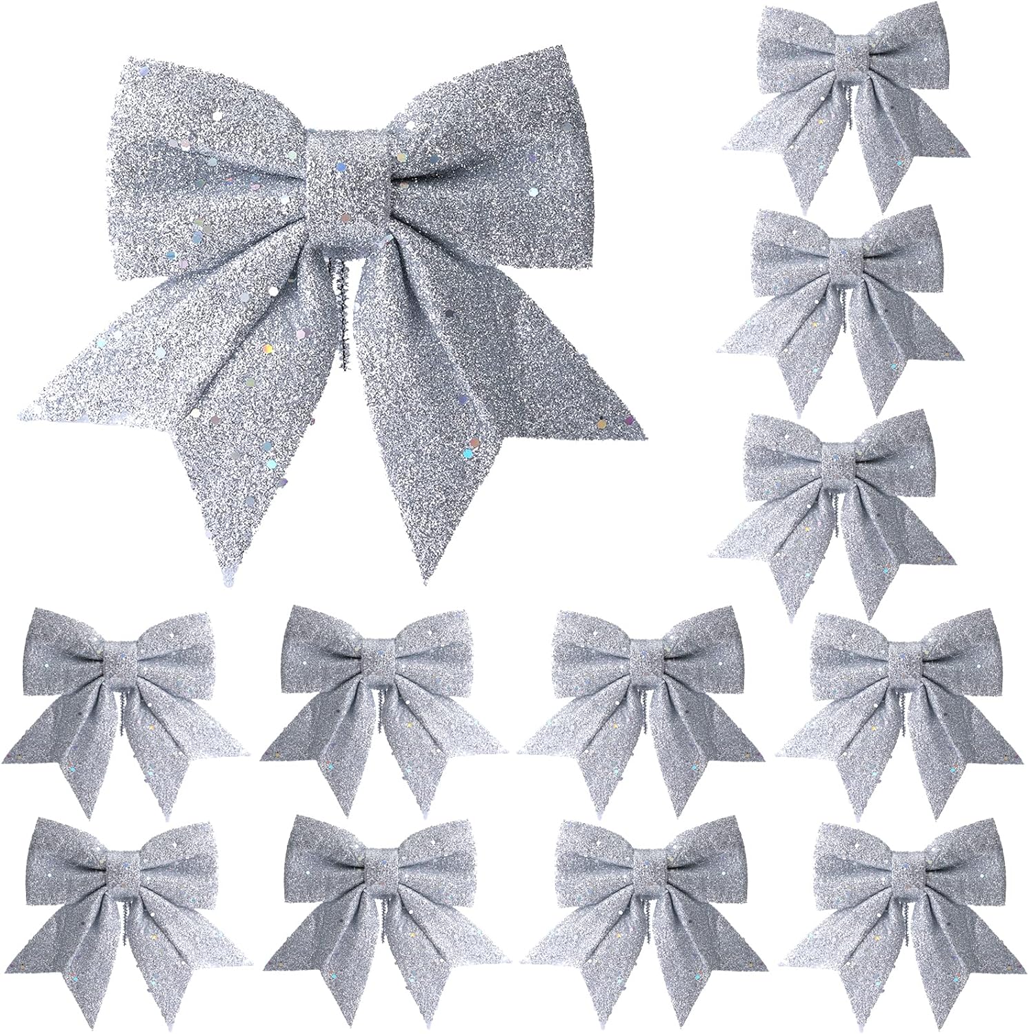 YUNSTK 12pcs Glitter Christmas Bows, Silver Bows for Christmas Tree, 5.5in Wreaths Bows Xmas Bow Decorations, Sequin Bow Ties Silver Christmas Bows for Xmas Tree Wreaths Garland Gift Wrapping Decor