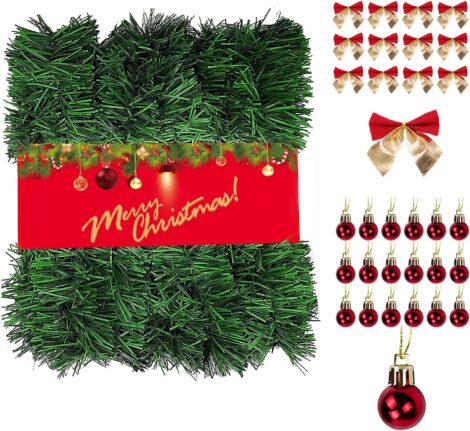 72FT/22M Christmas Garland with 48Pcs Bows and 45Pcs Balls – Artificial Pine Decoration for Holiday Celebrations.