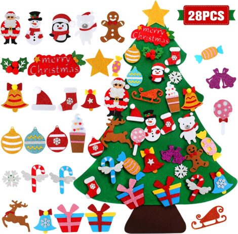 3.3ft Kids DIY Felt Christmas Tree Decoration with 28 Gold Ornaments – Xmas Wall Decor