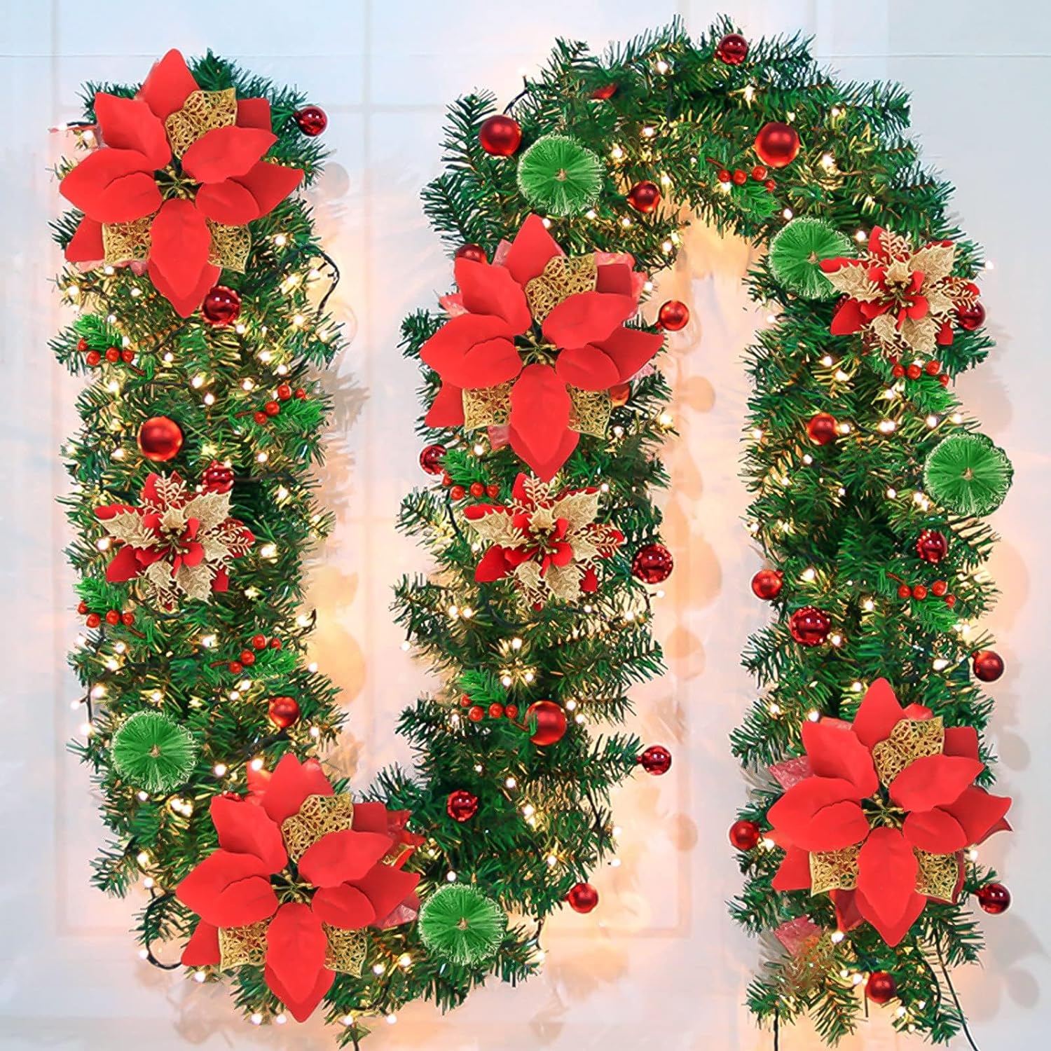 Pre-Lit Artificial Christmas Garland, Green, Warm Lights, Decorated with Red Flowers, Balls, Berries, Snowy Pine for Home Stairs Fireplace Front, Christmas Collection, 9 Ft