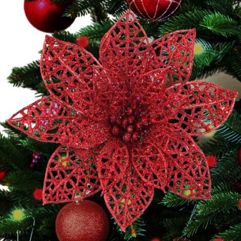 CQURE 39 Pcs Christmas Poinsettia Flowers, Glitter Fake Poinsettia Wedding Flowers with Clips (Red)