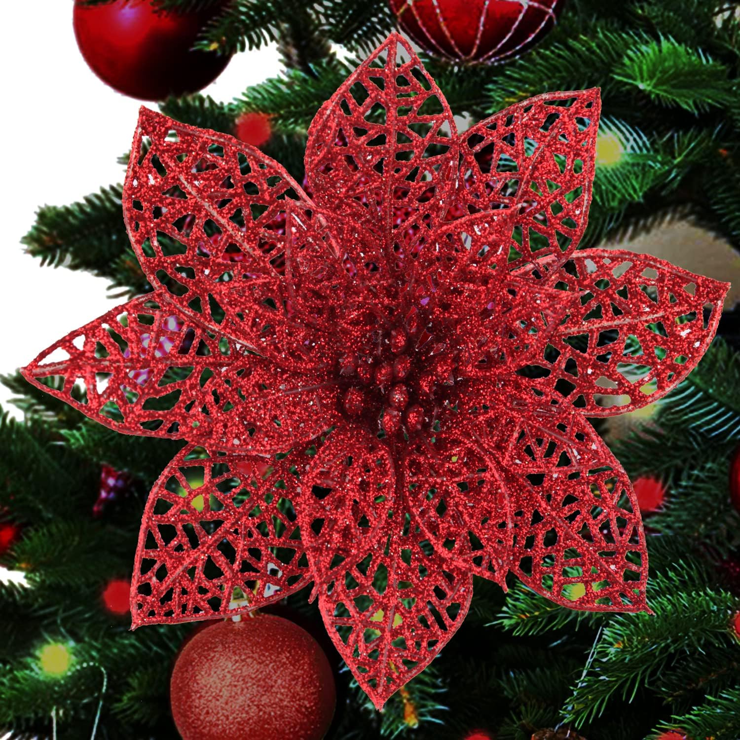 CQURE 39 Pcs Christmas Poinsettia Flowers, Christmas Tree Flowers Glitter Fake Poinsettia Wedding Flowers for Christmas Decoration Ornaments with Clips (Red)