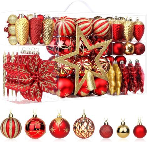 Shareconn 106 Piece Red and Gold Christmas Baubles – Shatterproof Ornaments for Xmas Tree