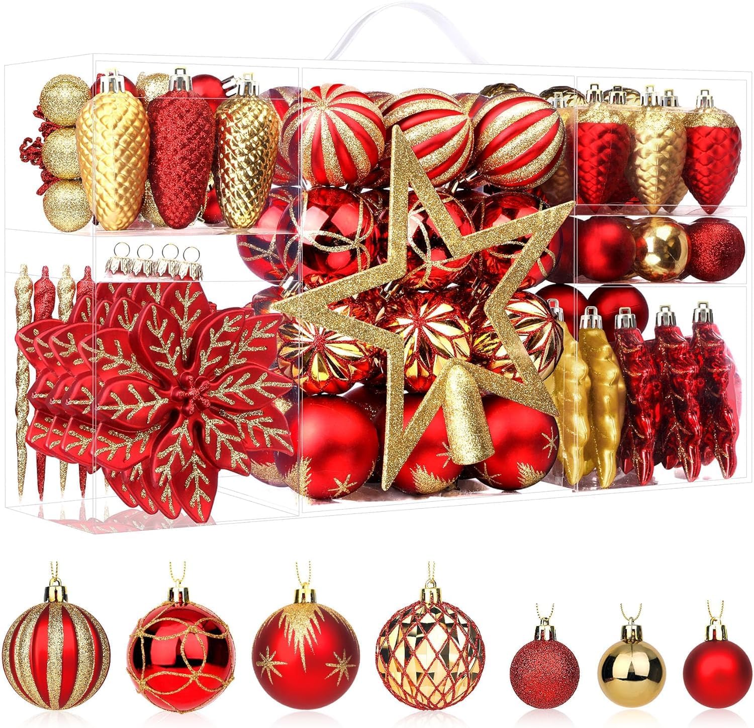 SHareconn Christmas Baubles Set Red and Gold, 106 pcs in 24 Types Shatterproof Ornaments Balls Decoration for Xmas Tree, Great Decorations for Holiday Party Wedding