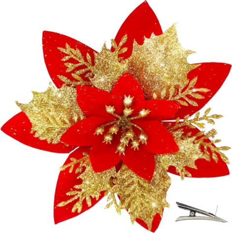 20PCS MIKAILE Christmas Tree Flower Clips, 14cm Glitter Poinsettia Flowers (Gold Red) for Christmas Decor.