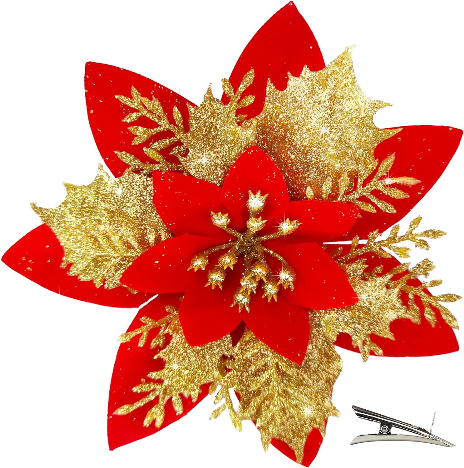 MIKAILE 20PCS Christmas Tree Flowers Decorations with Clip, 14cm Christmas Glitter Poinsettia Flowers for Christmas Decorations (Gold Red)