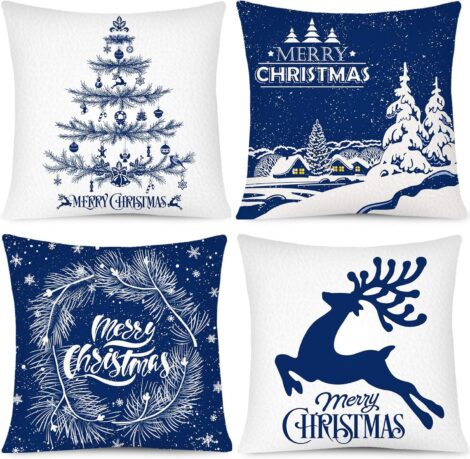 Whaline Christmas Pillow Case Set, 4Pcs, 18″ x 18″, Snow Xmas Tree Reindeer Cushion Covers.